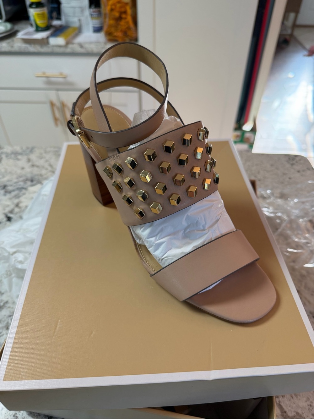 MICHAEL Michael Kors Oyster Block Heel Sandal with Gold Studs